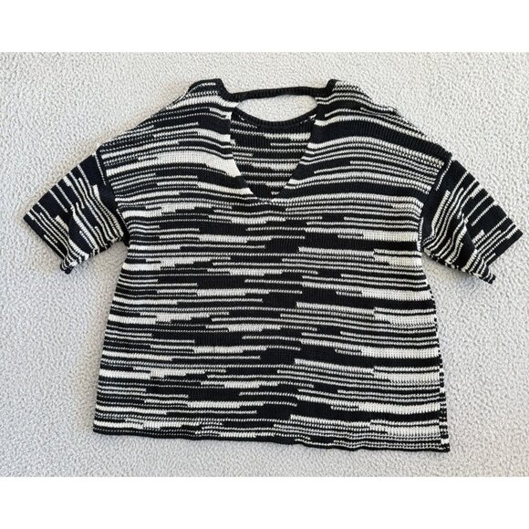 Eileen Fisher Sweater Knit Boxy Organic Linen Cotton Top Black Cream - Picture 2 of 9